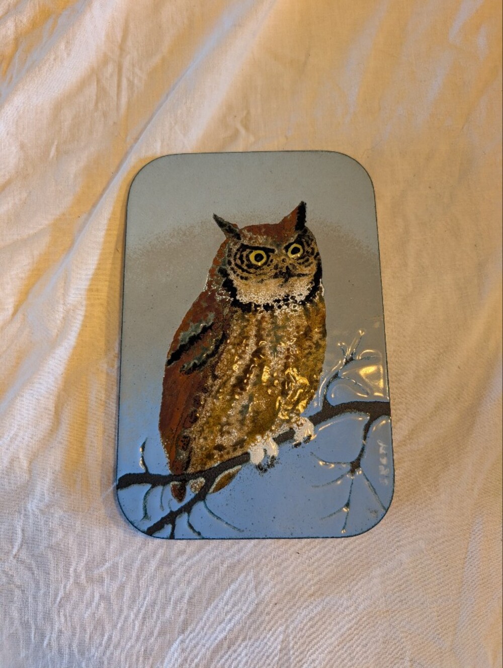 2/100$ Vintage Owl Enamel on copper Wall Art Panel in Blue and Brown